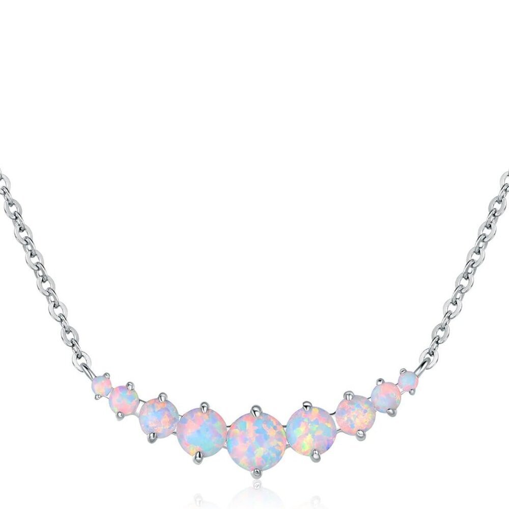 18K White Gold Plated or Rose Gold Plated Created White Opal Graduated Necklace